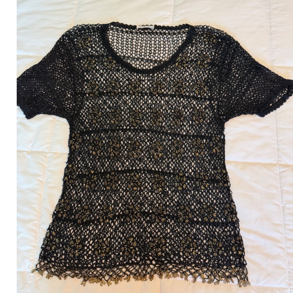 Vintage Chang Crochet Beaded Top Women M/L Black  Sheer Boho Fringe Short Sleeve